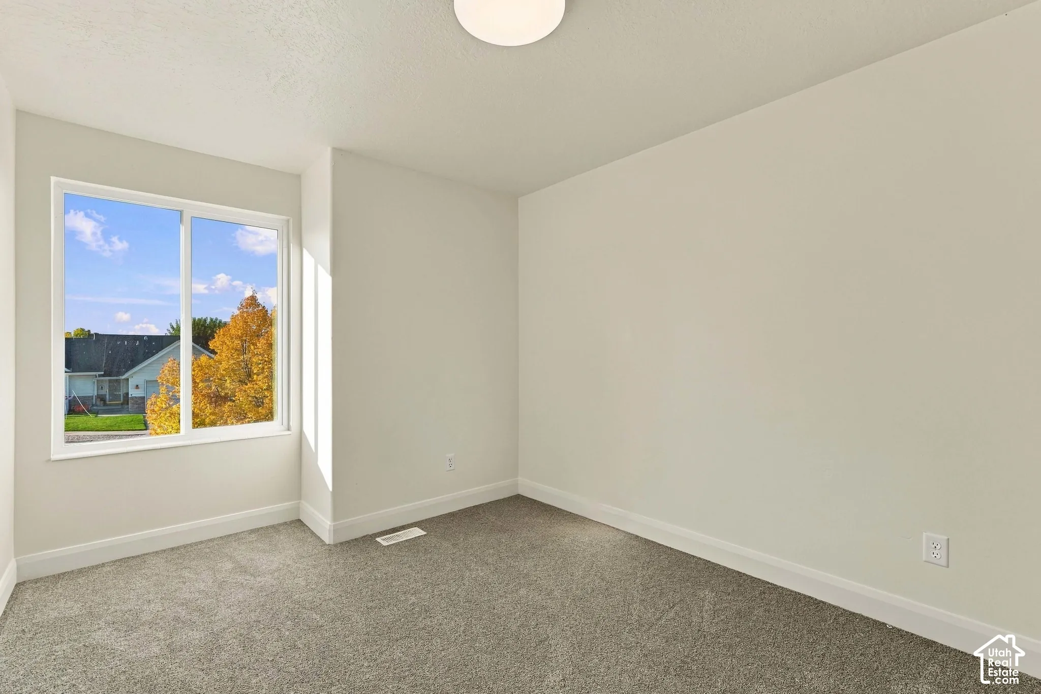 Neutral-toned interior space featuring light-colored walls, gray carpeting, a single-pane sliding window, and a flush-mount ceiling light fixture