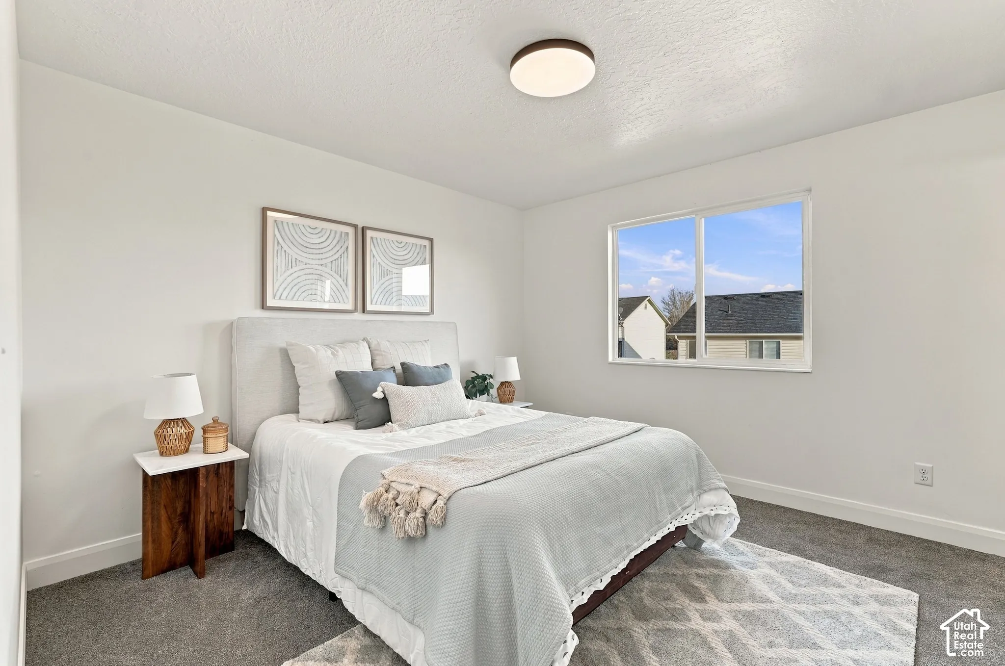 Neutral-toned interior featuring gray carpeting, a sliding window with natural light, and a circular flush-mount ceiling light fixture