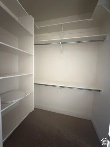 Walk-in closet featuring built-in shelving, dual-level metal hanging rods, and carpeted flooring