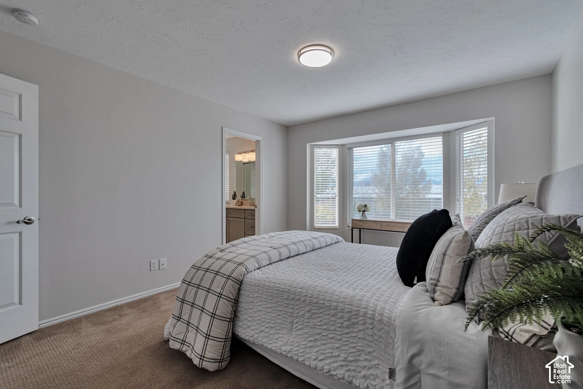 Neutral-toned room featuring a bay window, plush wall-to-wall carpeting, and a flush-mount ceiling light