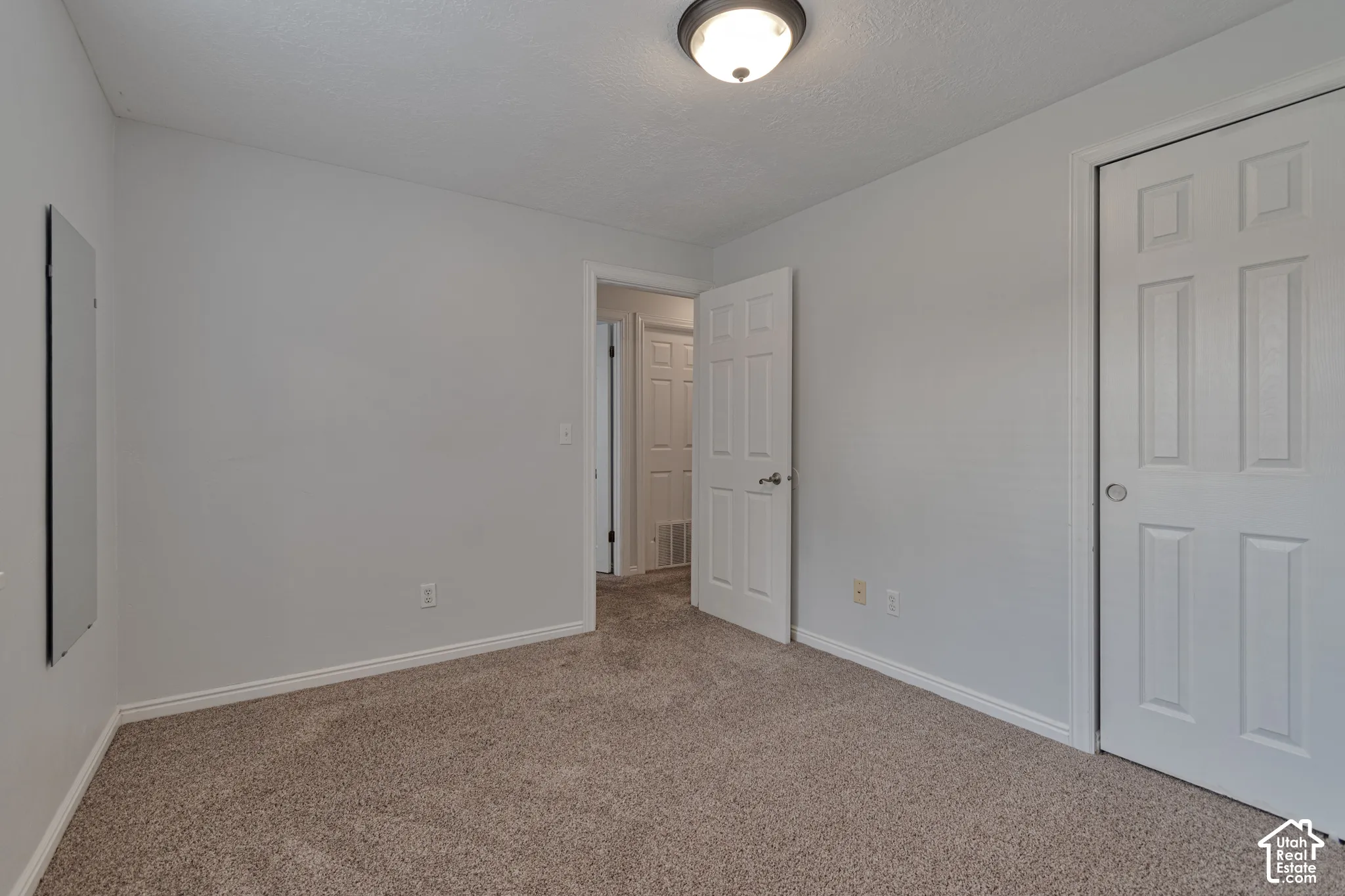 Room featuring neutral carpeting, six-panel interior doors, and a flush-mount ceiling light fixture