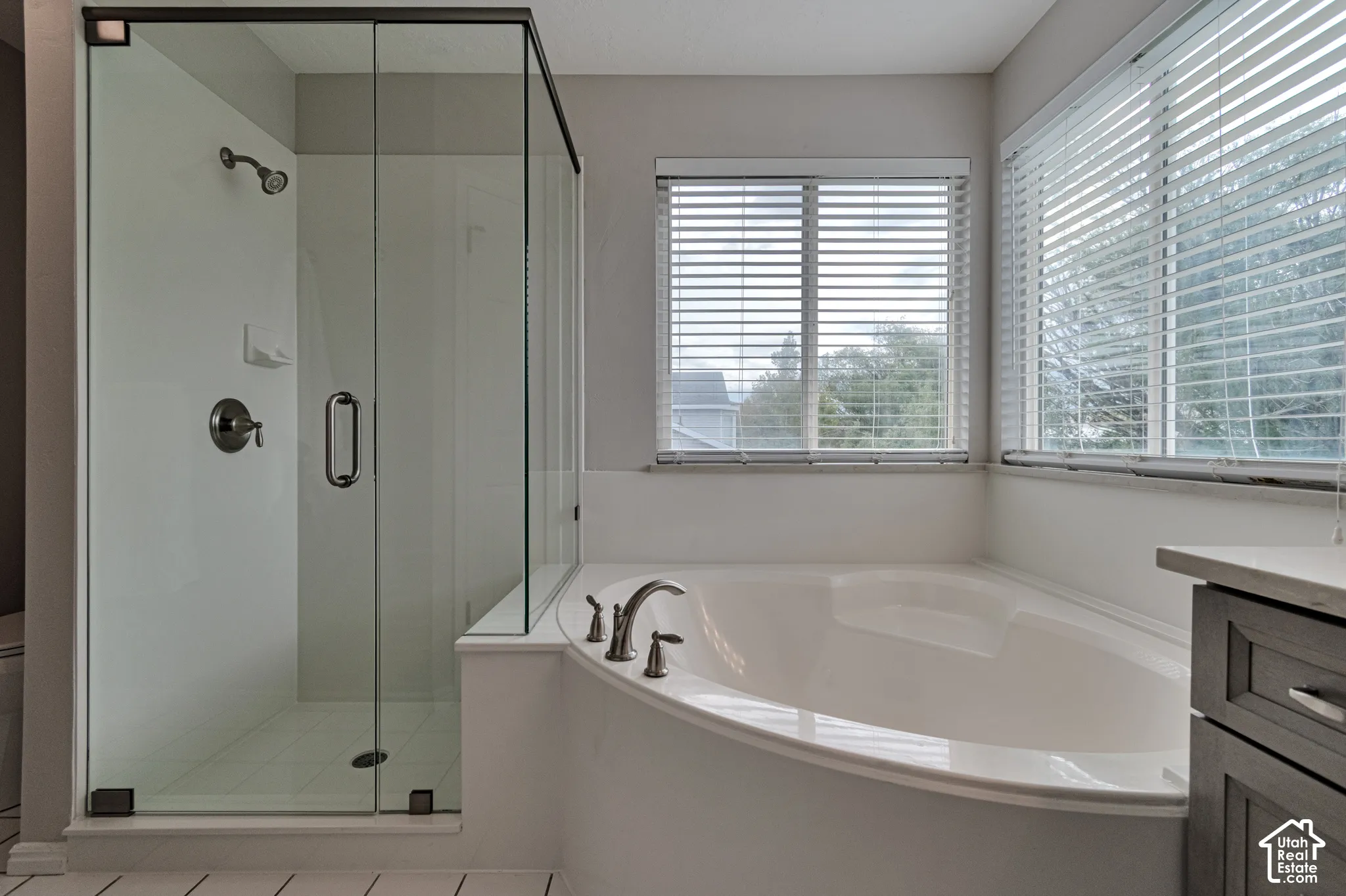 Glass-enclosed shower with metallic fixtures, soaking tub with deck-mounted faucet, and dark-finish built-in cabinetry featuring a stone-surface countertop