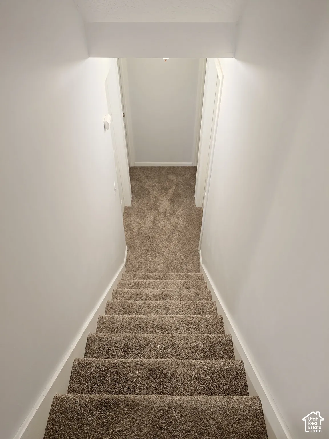 Staircase featuring neutral-toned carpeting and white wall finishes