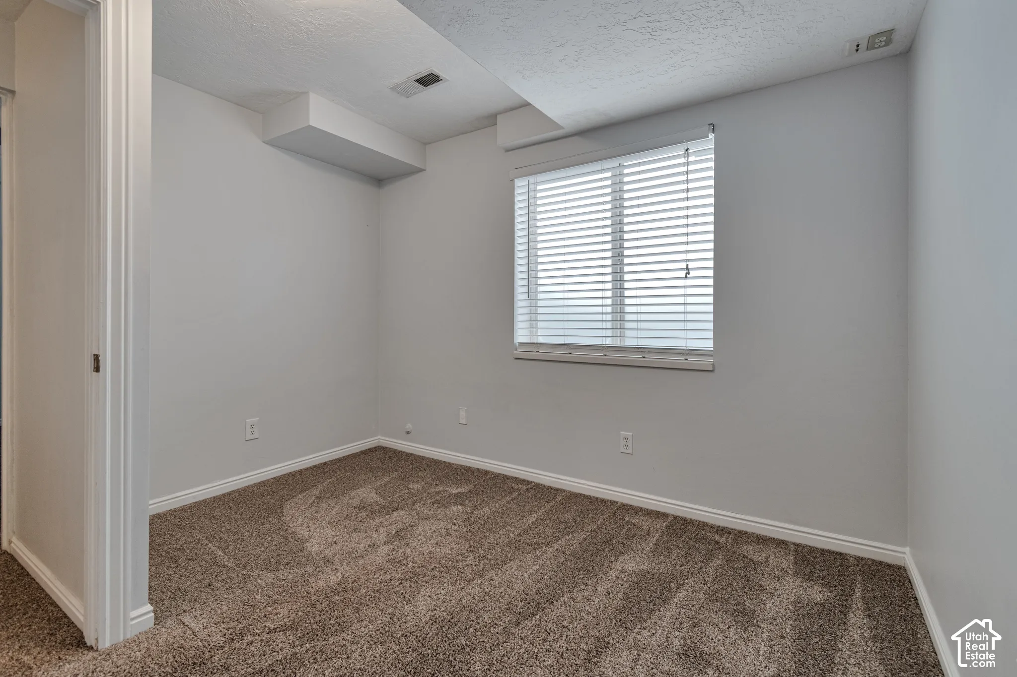 Room featuring neutral-toned carpeting, light grey walls, and a window with horizontal blinds