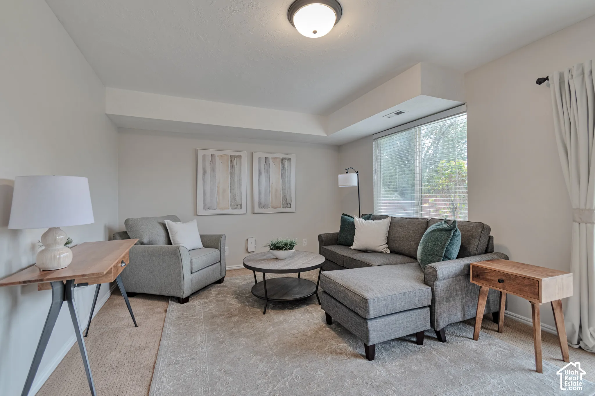 Neutral-toned room featuring a recessed ceiling architectural detail, flush-mount lighting, and a large window with blind treatments