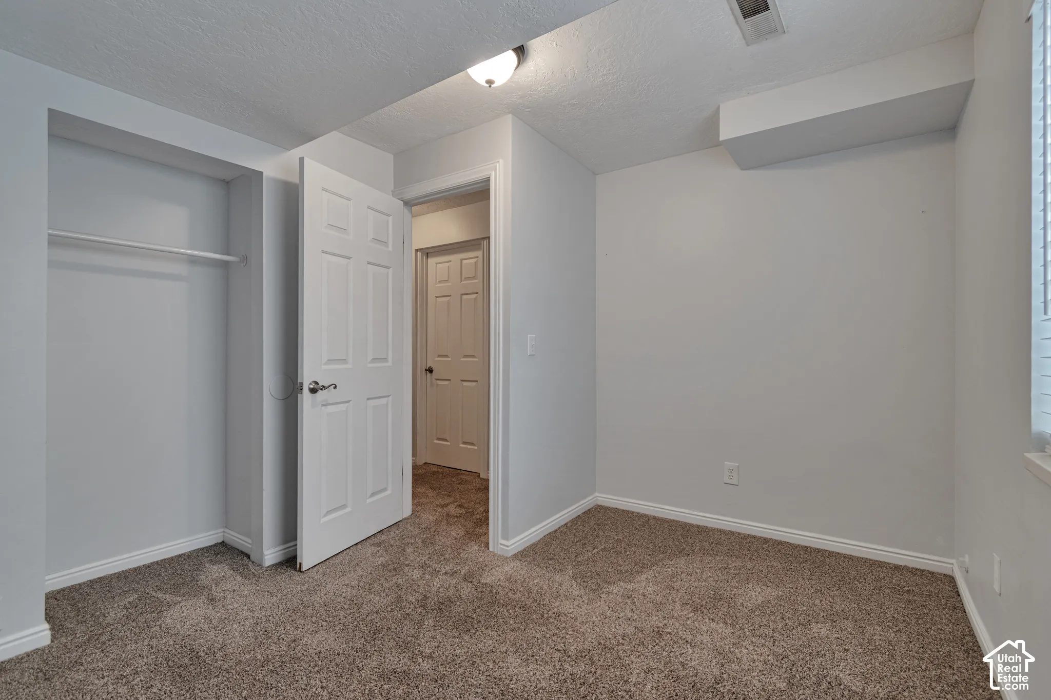 Neutral-toned interior space featuring wall-to-wall carpeting, a recessed closet with a built-in rod, a six-panel interior door, and a ceiling-mounted light fixture