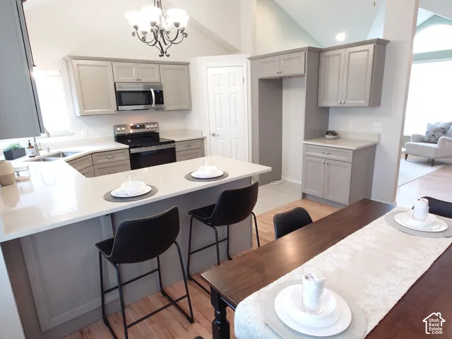Kitchen featuring shaker-style cabinetry, solid-surface countertops, vaulted ceilings, a peninsula, and stainless steel appliances