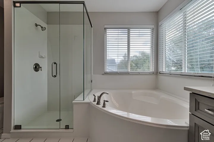 Glass-enclosed shower with metallic fixtures, soaking tub with deck-mounted faucet, and dark-finish built-in cabinetry featuring a stone-surface countertop