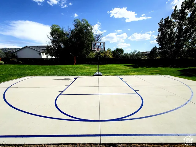 Concrete sports court with painted game lines and a backboard system, situated within a fenced backyard featuring a grass lawn and perimeter trees