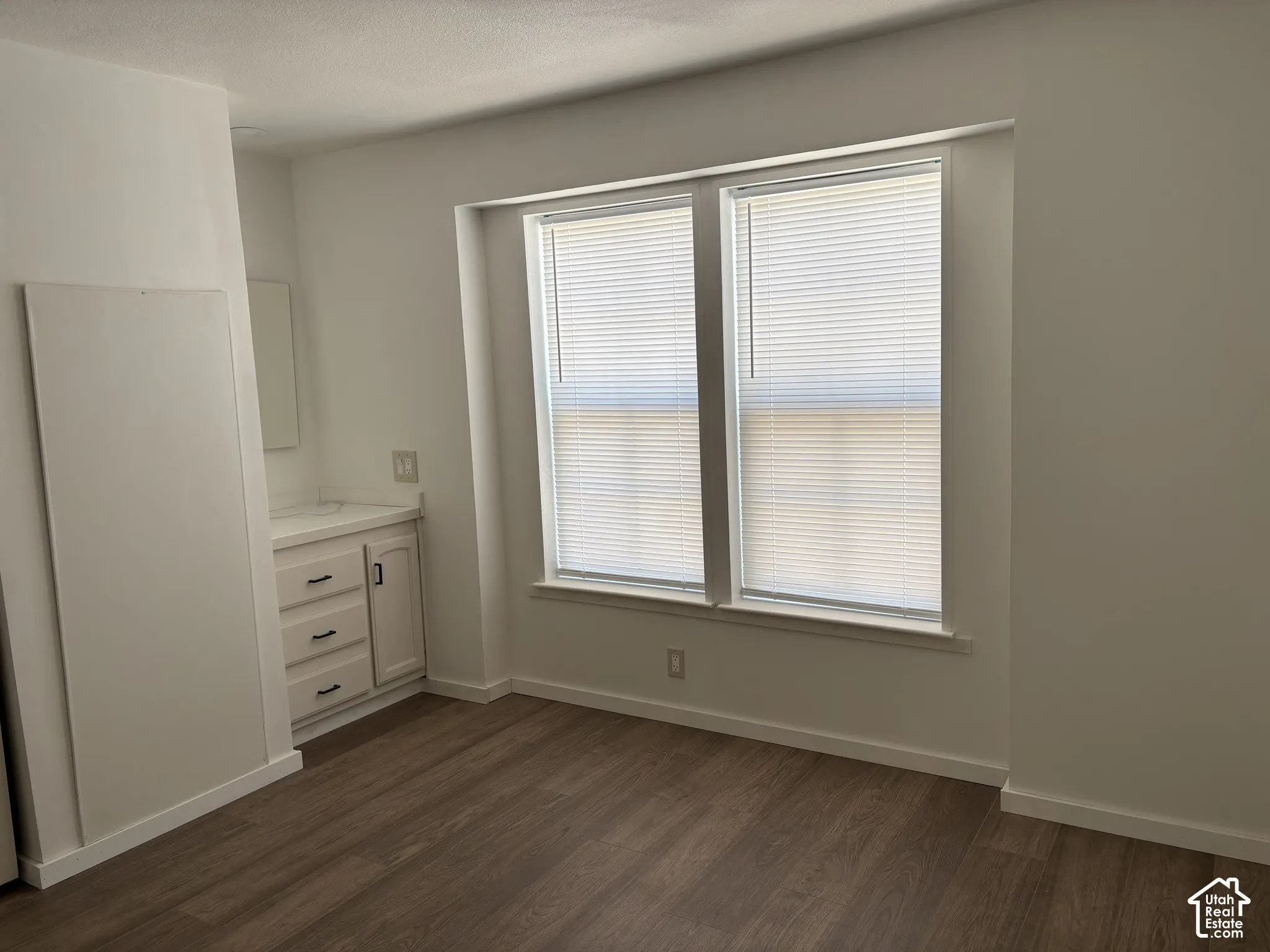 Wood-finish flooring, white built-in vanity cabinet, and dual-pane window featuring integrated horizontal blinds