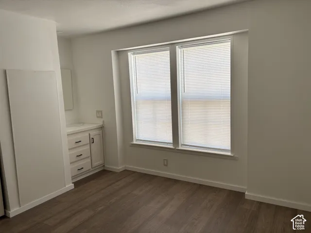 Wood-finish flooring, white built-in vanity cabinet, and dual-pane window featuring integrated horizontal blinds