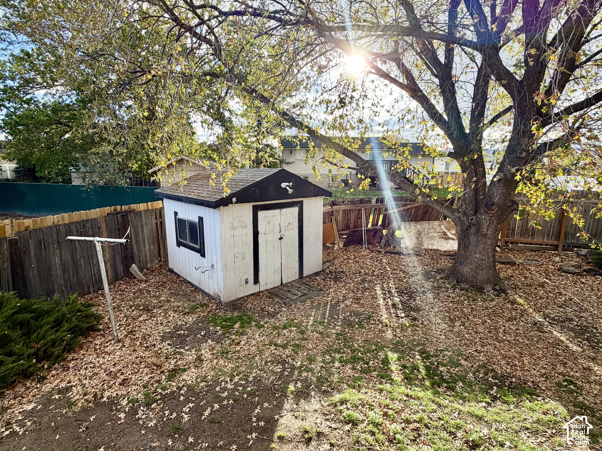 Storage shed with shingled roof, enclosed by wooden fencing and mature trees