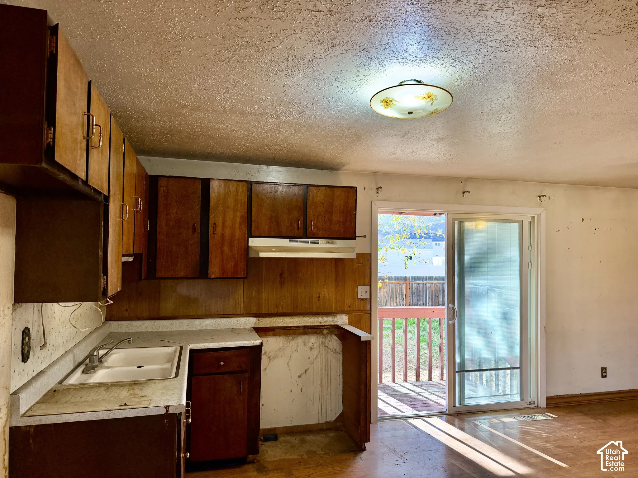 Kitchen featuring wood cabinetry, white dual-basin sink, wood-finish flooring, and sliding glass door with exterior deck access