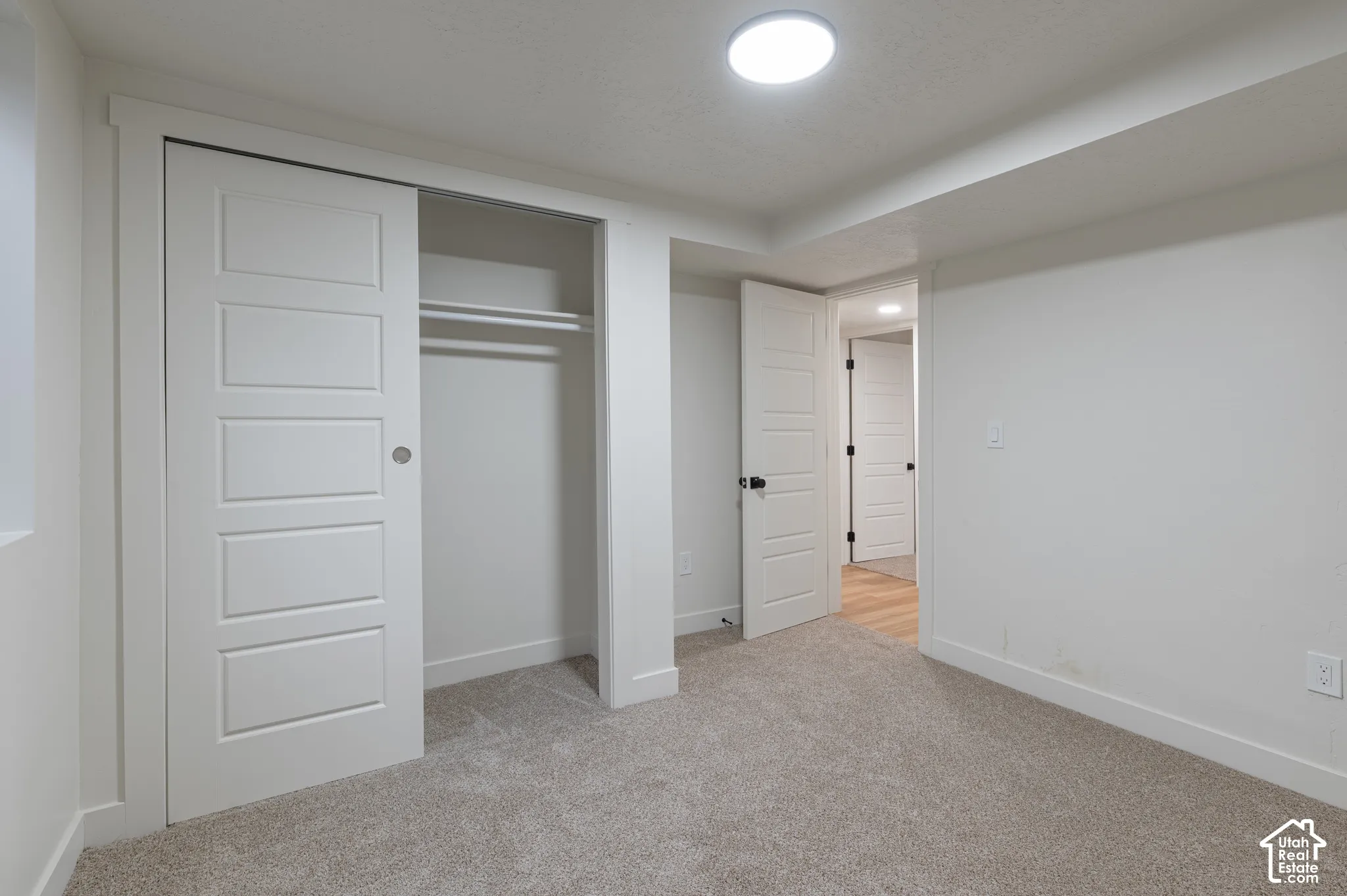 Neutral-toned interior featuring neutral carpeting, a built-in closet with sliding panel doors, and paneled interior doors with dark hardware