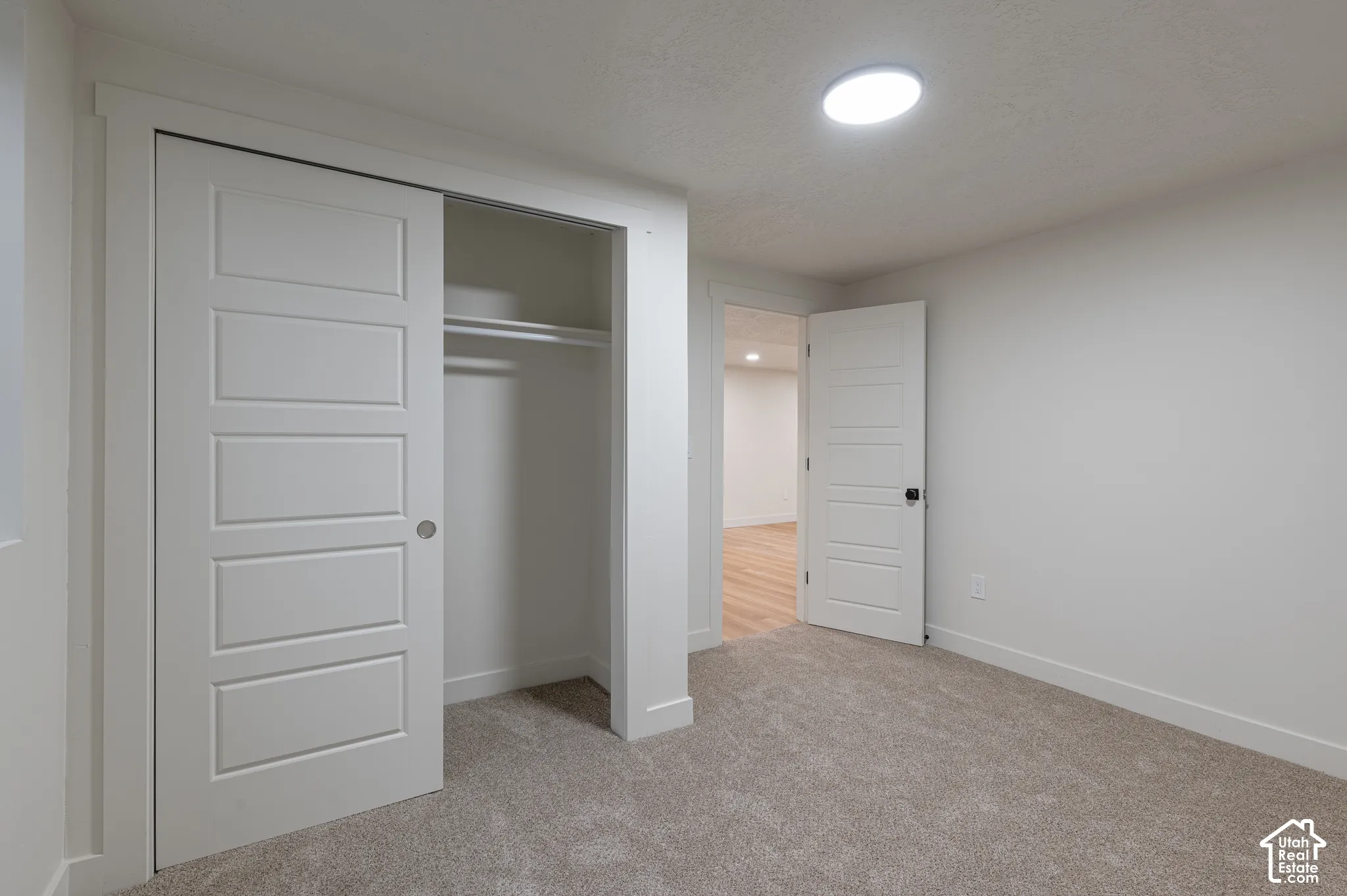 Room featuring neutral-toned carpeting, five-panel interior doors, a sliding closet door, and a flush-mount ceiling light fixture
