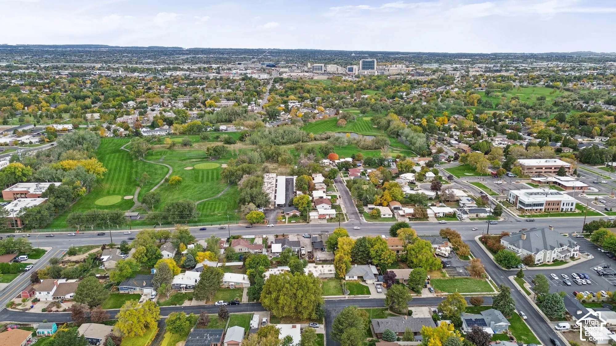 Aerial perspective featuring surrounding parkland, extensive green space, mature canopy trees, and an urban cityscape backdrop