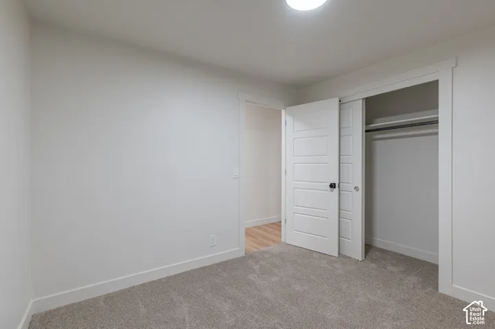 Neutral-toned carpeting, five-panel interior doors with matte black hardware, and built-in closet shelving