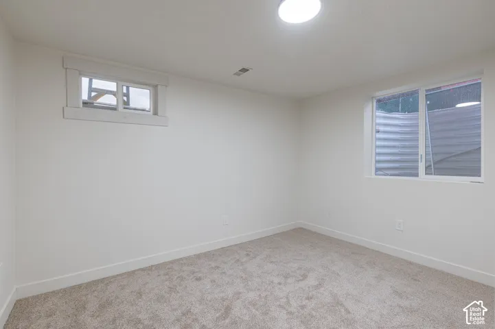 Neutral-toned carpeting, crisp white walls, flush-mount ceiling lighting, and windows featuring decorative wood-finish trim and corrugated egress well