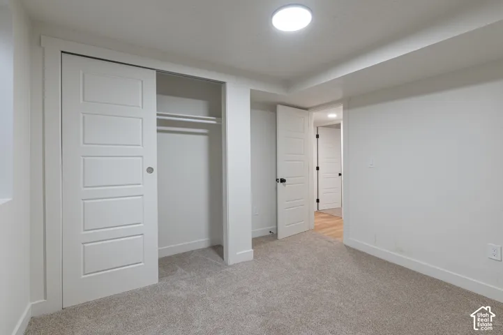 Neutral-toned interior featuring neutral carpeting, a built-in closet with sliding panel doors, and paneled interior doors with dark hardware