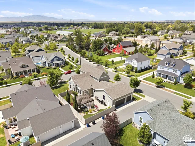 Aerial view of the south side of the home and garage