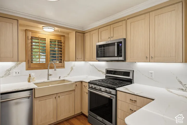 Kitchen featuring light-finish cabinetry, solid-surface countertops with stone-pattern veining, a farmhouse-style sink, stainless steel appliances, and wood-finish flooring