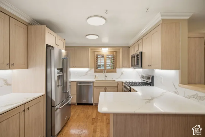 Kitchen featuring light wood-finish cabinetry, white stone countertops with integrated backsplash, farmhouse-style sink, stainless steel appliances, and wood-finish flooring