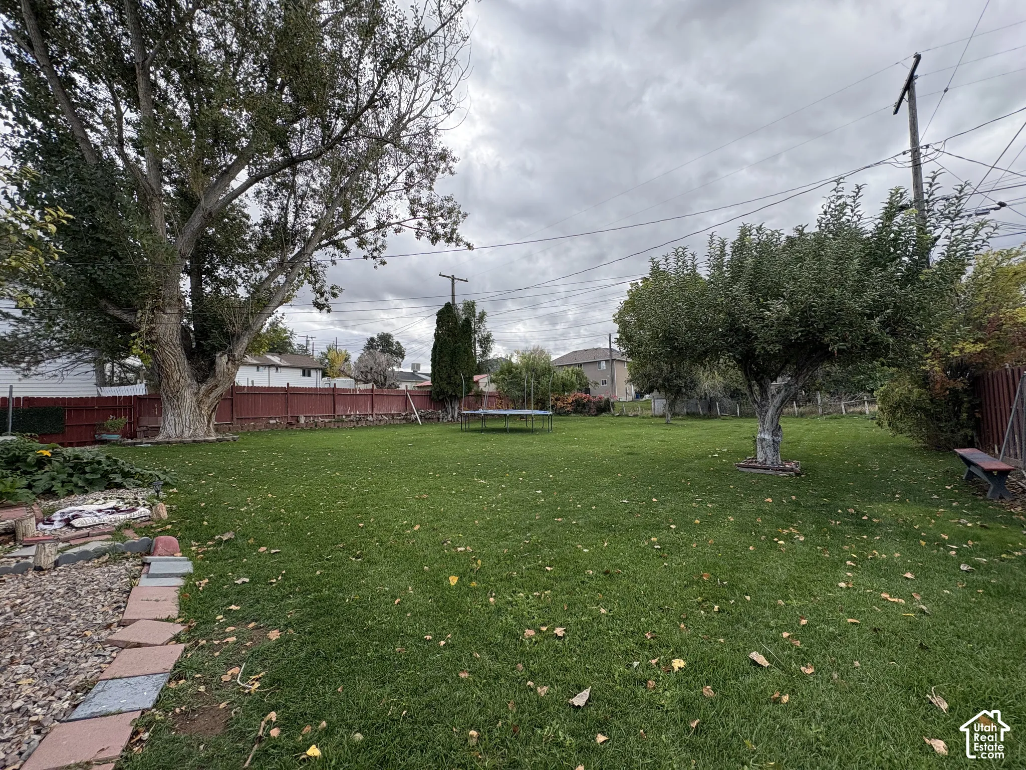 Expansive backyard featuring a manicured lawn, perimeter fencing, and mature trees