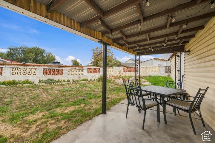 Covered concrete patio featuring backyard area, and masonry perimeter wall
