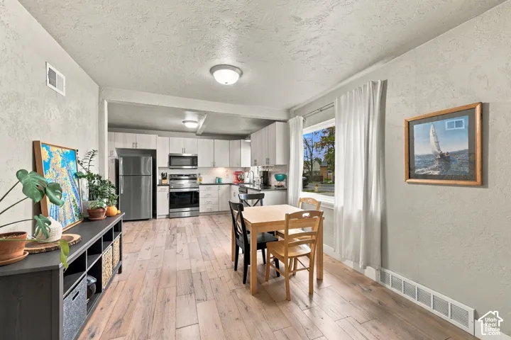 Open great room with Kitchen featuring white cabinetry, stainless steel appliances, and wood-finish flooring