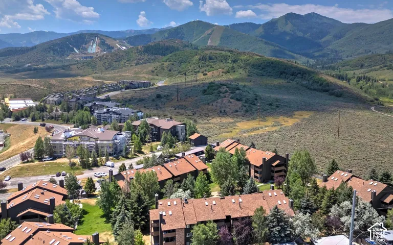 Aerial perspective featuring multi-story residential structures with pitched brown shingle roofs, surrounded by mature coniferous trees and extensive mountainous terrain
