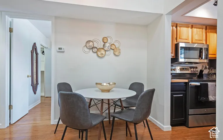 Wood-finish flooring throughout, stainless steel kitchen appliances, and wooden cabinetry
