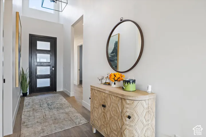 Entryway featuring high ceilings, wood-finish flooring, and a dark-frame door with frosted glass panels, complemented by an oversized geometric metal chandelier