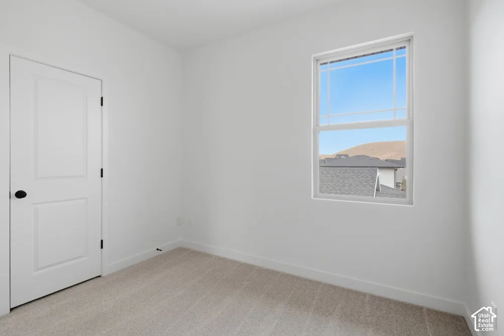 Interior room featuring neutral wall-to-wall carpeting, a single-panel door with matte black hardware, and a window with a grid pattern