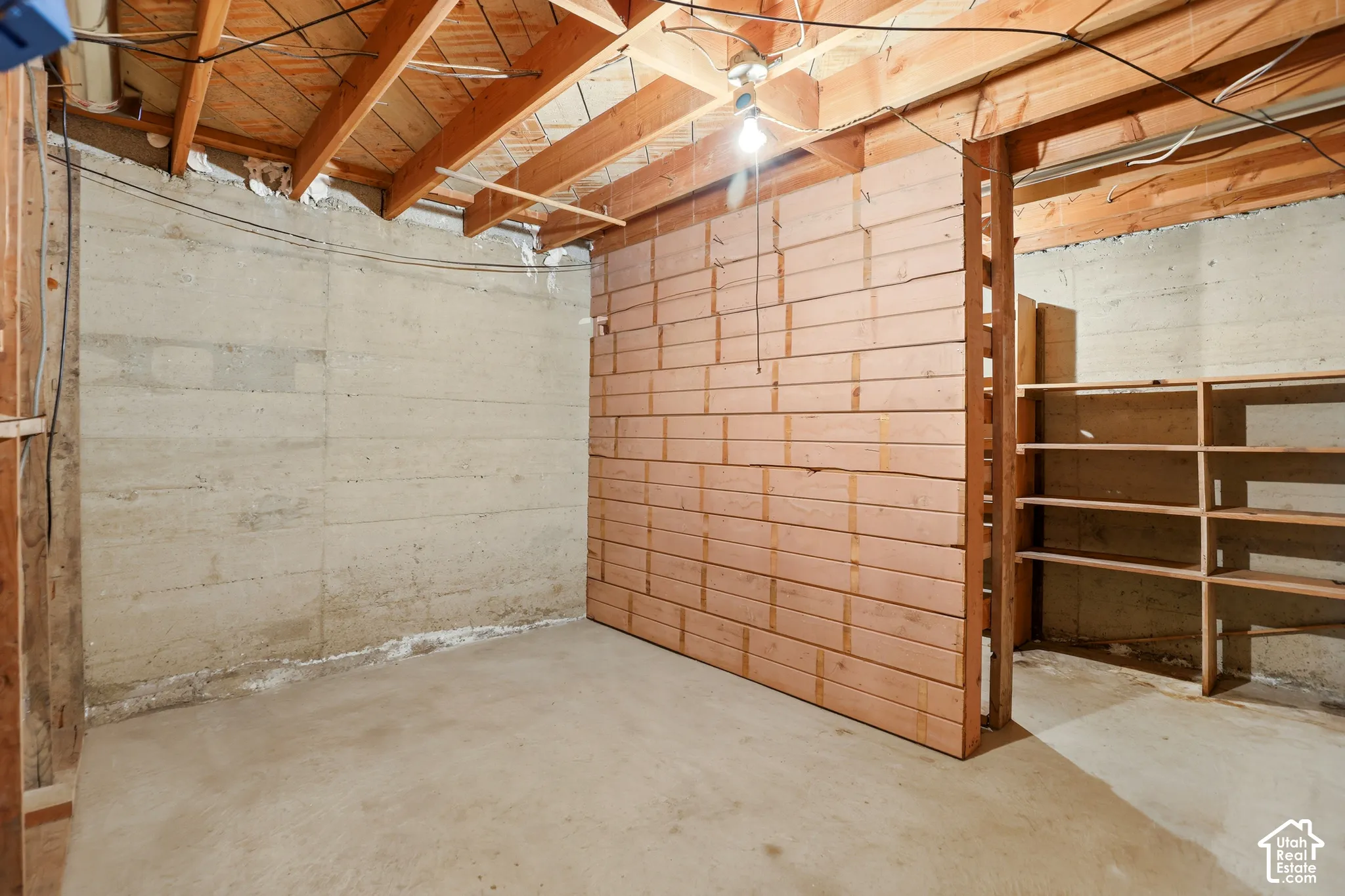 Concrete foundation walls, exposed wood ceiling joists, wood-plank partition wall, and built-in wood shelving units
