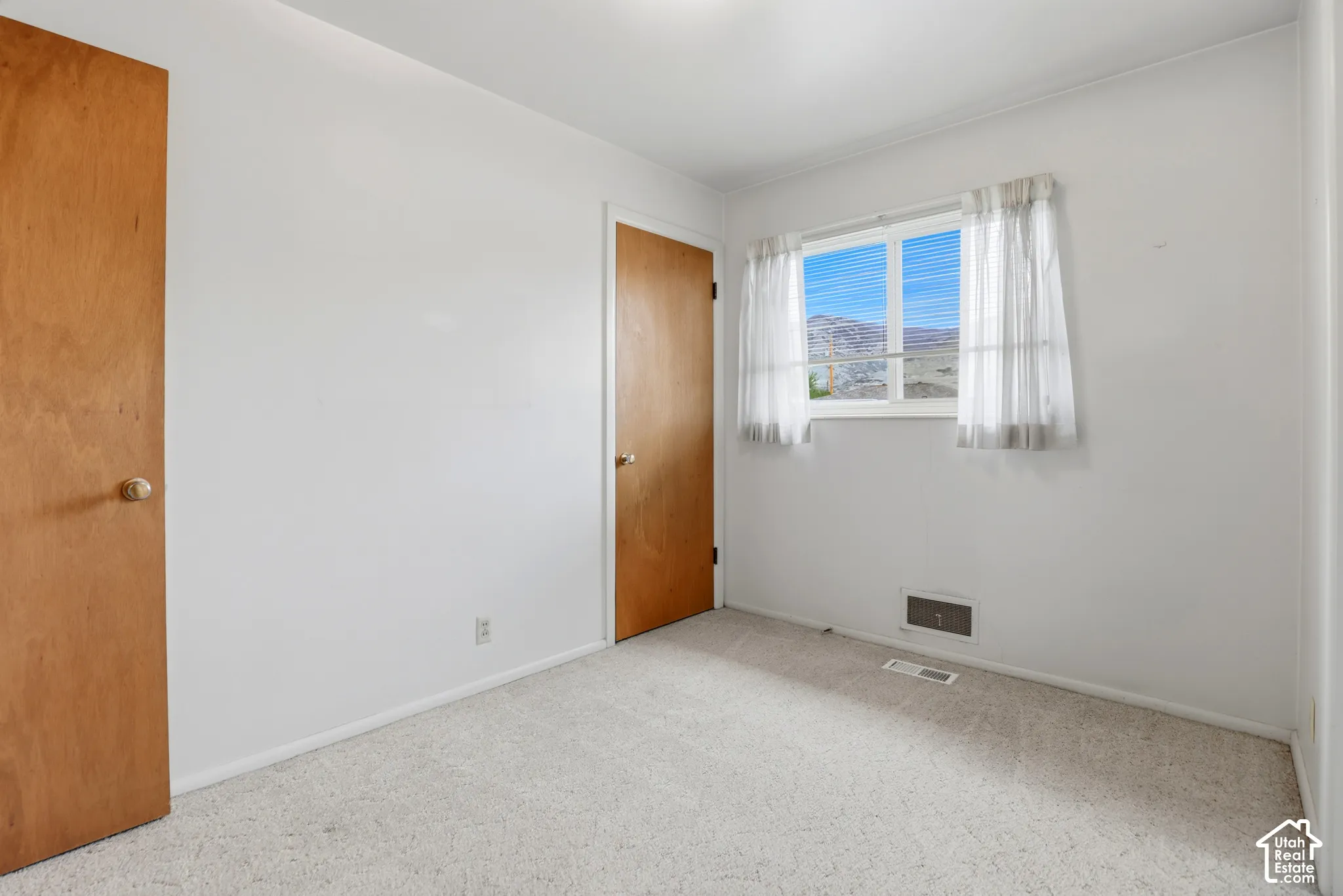 Neutral-toned carpeting, two solid wood-finish doors with metallic hardware, and a single-pane sliding window framing a mountain backdrop