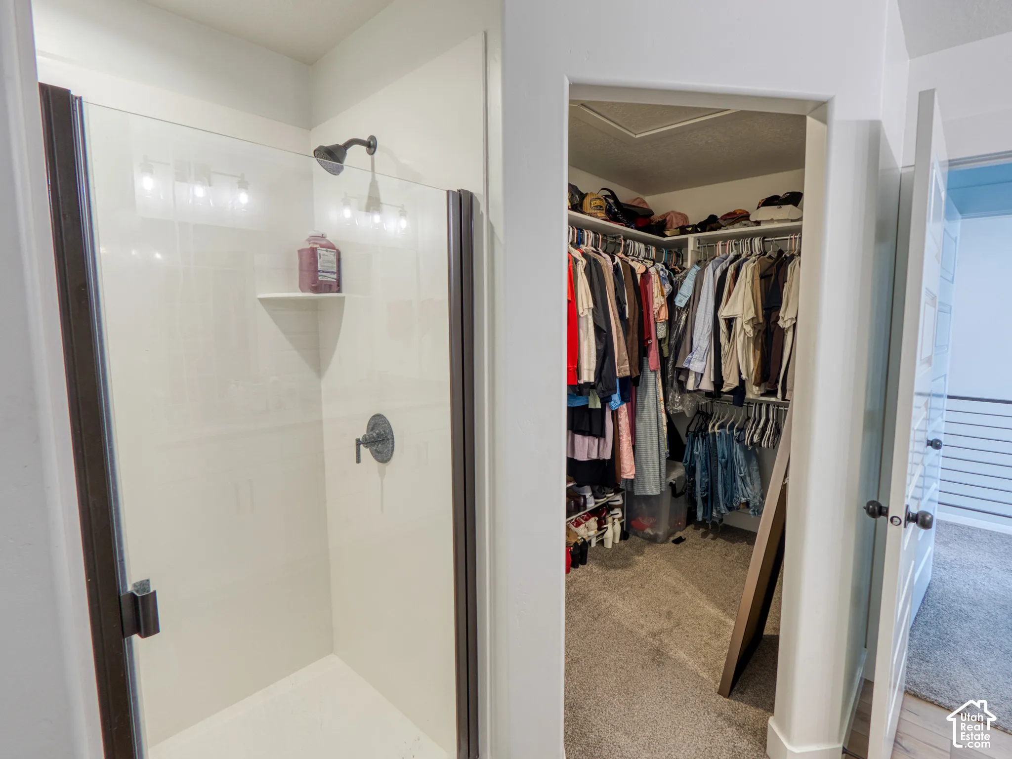 Master bathroom, Walk-in closet with integrated shelving and shower stall featuring a glass door, dark-finish metal frame, and wall-mounted shower fixture