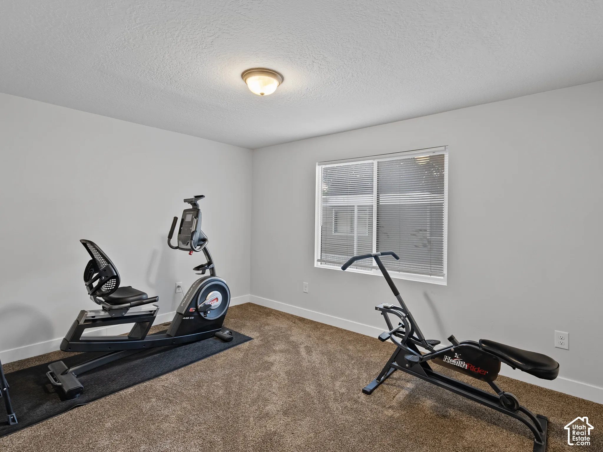 Room featuring neutral wall tones, plush carpeting, a dual-pane sliding window with horizontal blinds, and a centered flush-mount light fixture