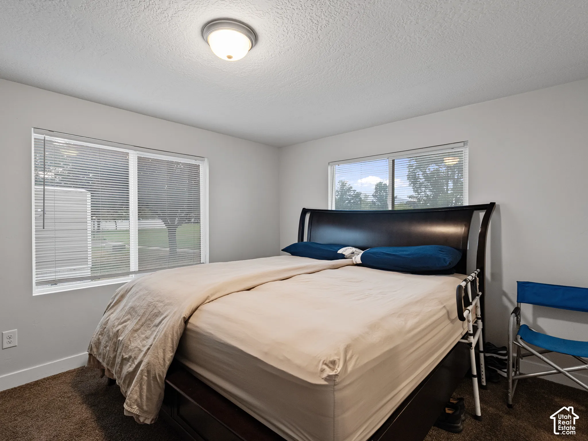 Room featuring neutral wall paint, carpeted flooring, two sliding windows with built-in blinds, and a flush-mount ceiling light fixture