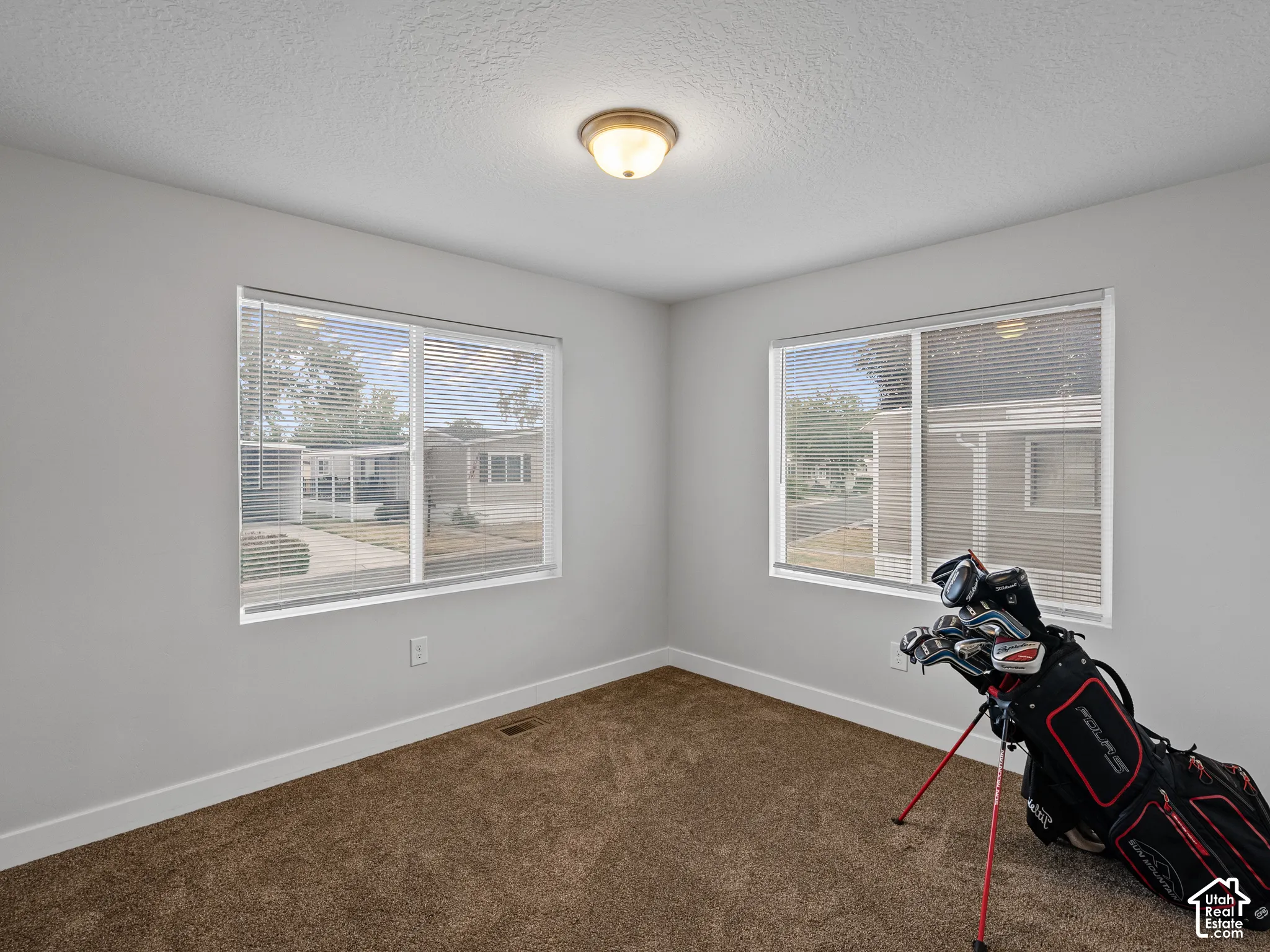 Neutral-toned interior featuring dual windows, wall-to-wall carpeting, and a central ceiling-mounted light fixture