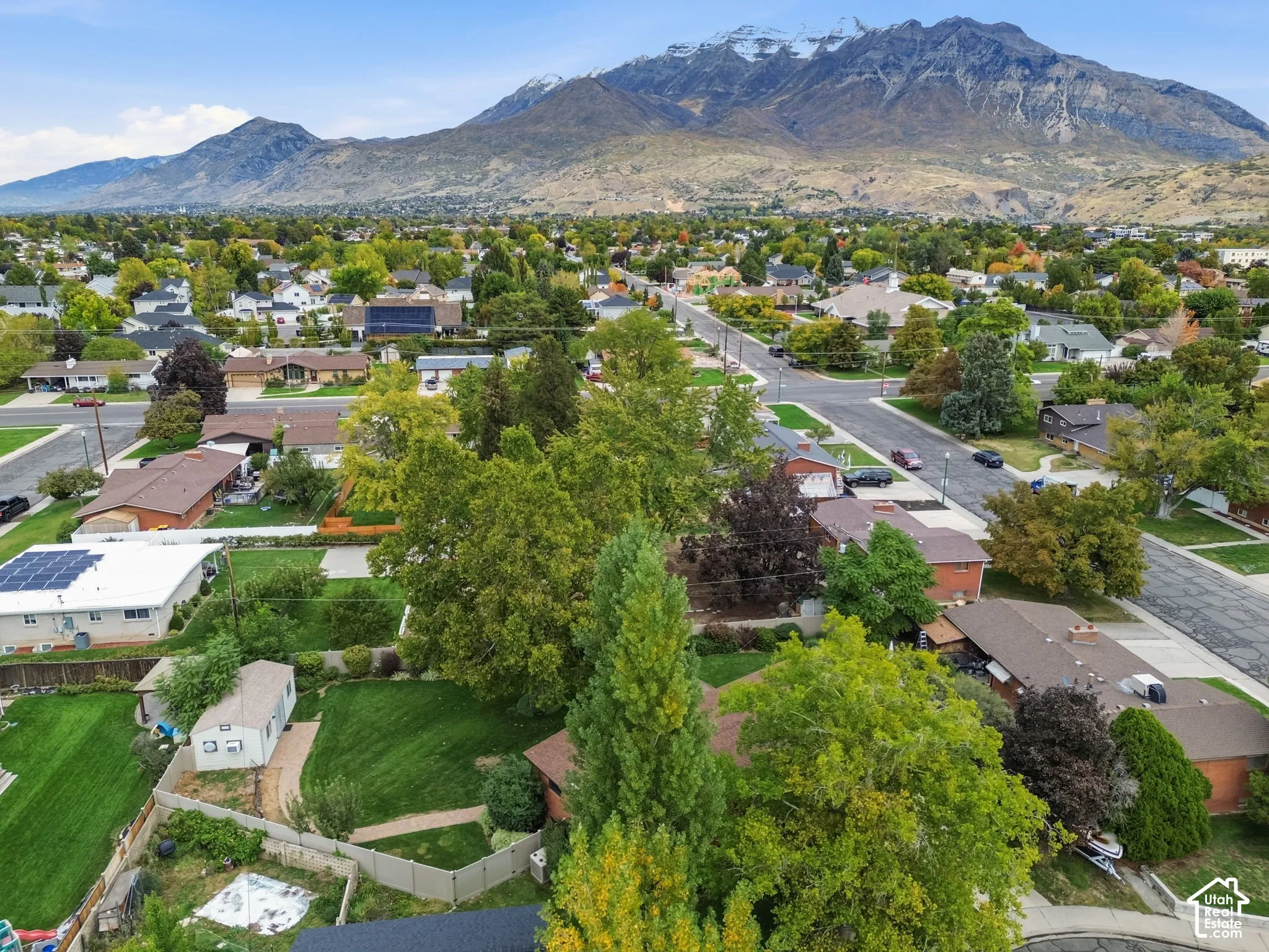 Aerial perspective featuring residential lots with mature trees and a prominent mountain backdrop