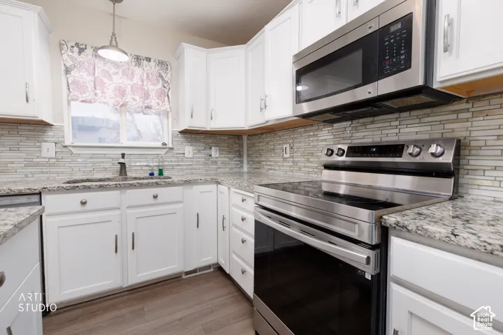 Kitchen featuring white cabinetry, stone-finish countertops, stainless steel appliances, linear tile backsplash, and wood-finish flooring