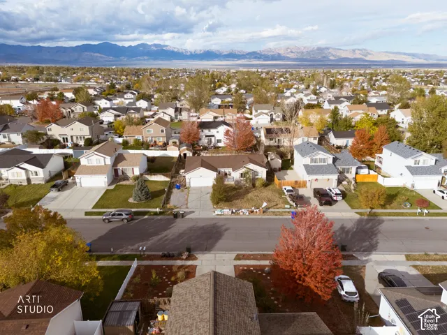 Aerial perspective featuring a residential street with mature deciduous trees and a prominent mountain range backdrop