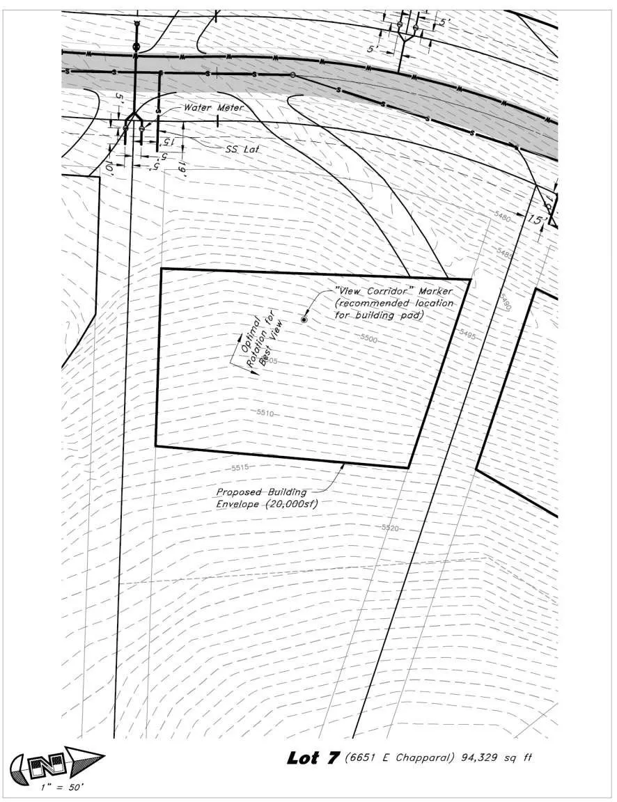 Survey Map. Illustrating the topography, utility easements, and proposed building envelope of the property