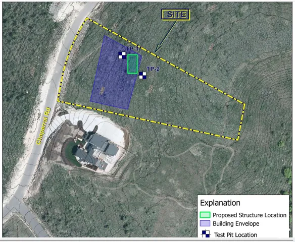 Site Plan, Survey. Representing the building envelope, proposed structure location, and test pit coordinates on the property