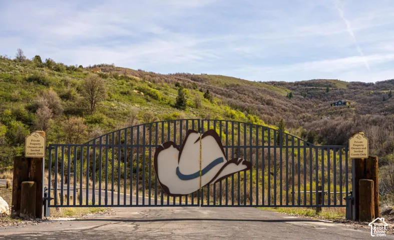 Custom metal security gate featuring an arched design, mounted on heavy-duty timber posts and set against a backdrop of rolling, vegetation-covered hills