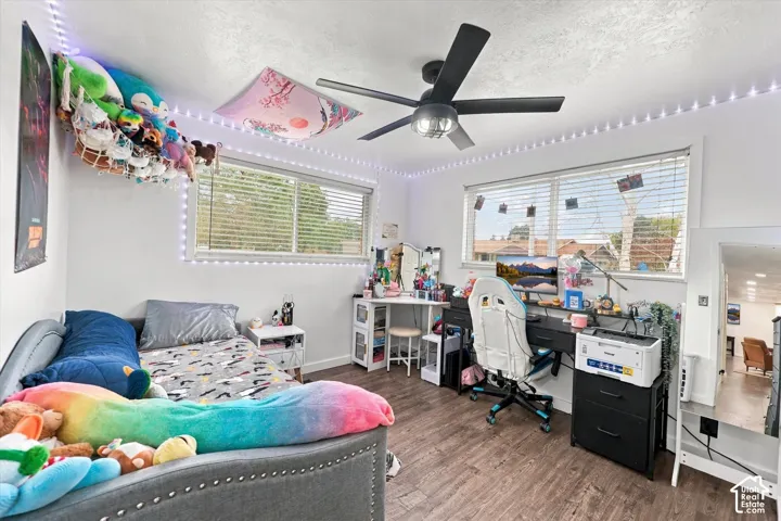 Bedroom featuring wood-finish flooring, dual windows with horizontal blinds, and a central ceiling fan with integrated lighting