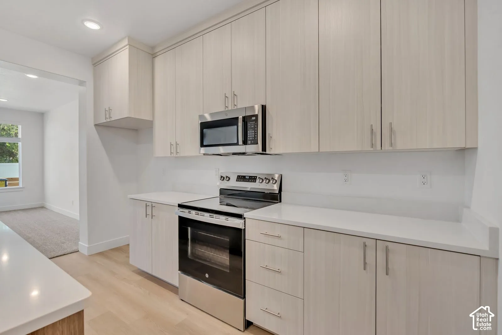Kitchen featuring light-finish cabinetry, white countertops, stainless steel appliances, and wood-finish flooring