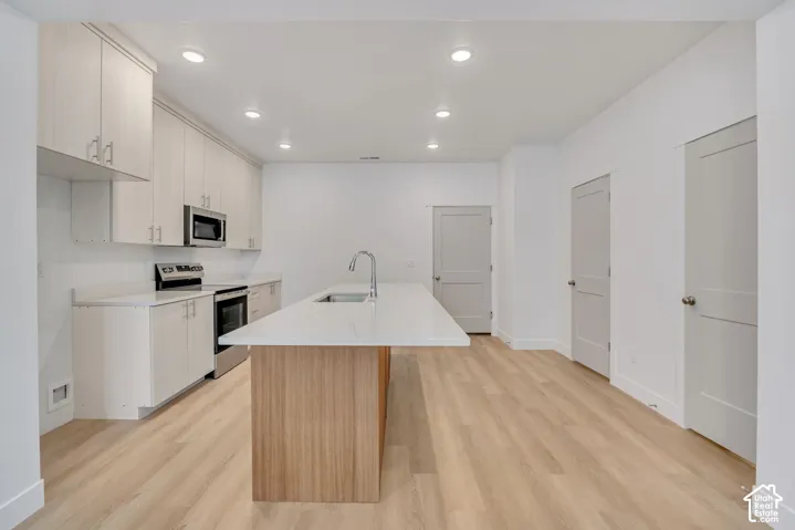 Kitchen featuring light-toned cabinetry, a central island with a solid-surface countertop, stainless steel appliances, and wood-finish flooring
