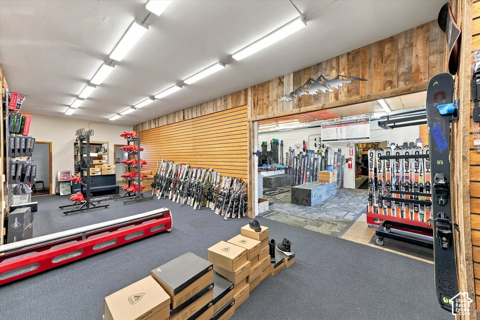 Commercial space featuring horizontal slat-wall shelving, rustic wood-panel accenting, linear fluorescent lighting, and commercial-grade carpeting