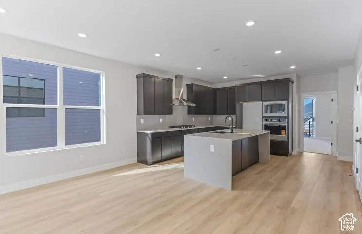 Kitchen featuring dark cabinetry, quartz-topped island with an integrated sink, built-in stainless steel double wall oven, and light wood-finish flooring